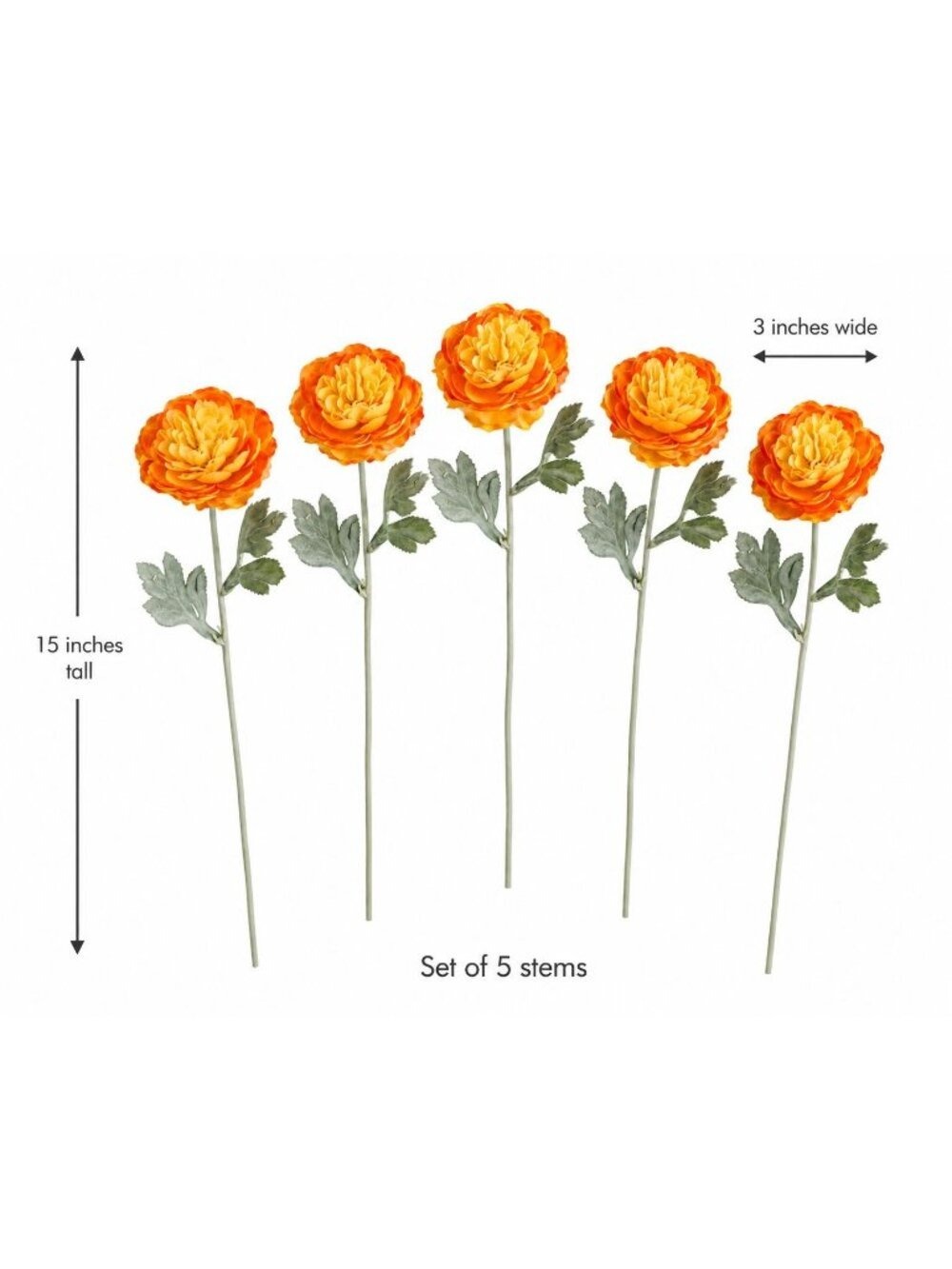 Orange Yellow Ranunculus Flowers Set of 5 15 Inch Faux Stems - Picture 2 of 7
